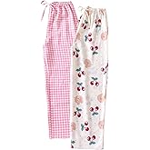 Floerns Women's 2 Pack Cute Pajama Bottoms Gingham Plaid Cherry Graphic Lounge Pants Comfy Pjs