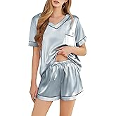 SHEFOTY Silk Pajamas for Women Short Sleeve Satin 2 Piece Pj Set Soft V Neck Sleepwear Loungewear, S-XXL