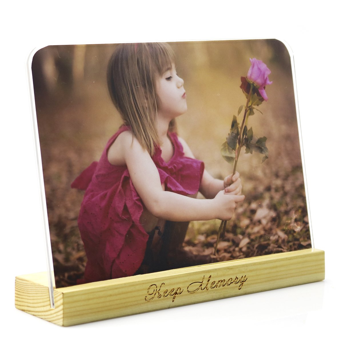 5x7 Clear Acrylic Picture Frame With Wood Holder - Round Corner Acrylic Glass Plate Picture Frame Stand on The Desk With a Wood Holder - Desk Calendar Display with Gift Box Package - SupperAcrylic