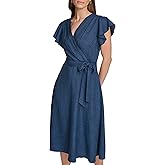DKNY Womens Flutter Sleeve Tie Fit & Flare Midi Dress
