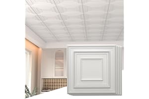 LOOYEE 24 pcs 2ft x 2ft Drop Ceiling Tiles, PVC Ceiling Panel White, Waterproof, Washable and Fire-Rated - Reusable - High-Grade PVC to Prevent Breakage (96 sq. ft./Box)