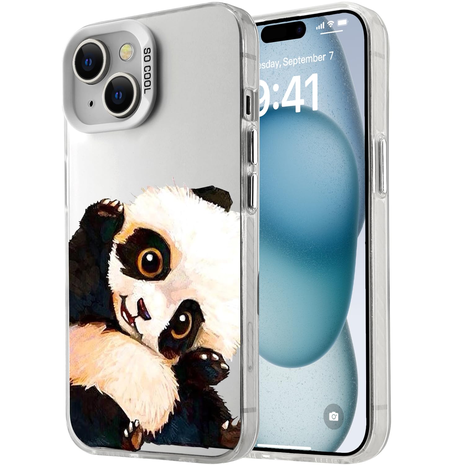 MAYCARI Cute Panda Case Compatible with iPhone 15 Plus for Girls Women, Girly Slim Thin Soft Shockproof Aesthetic Laser Protective Cover for iPhone 15 Plus