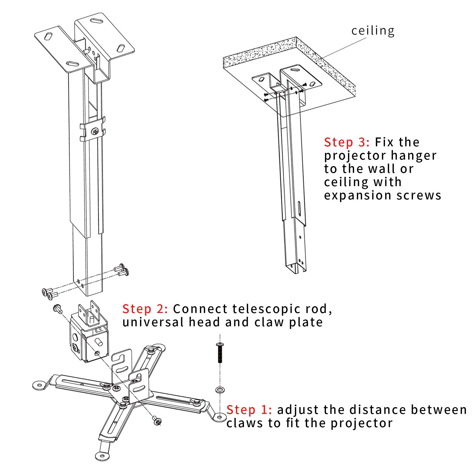 Projector Mount Wall or Ceiling Projection Mount Bracket with Adjustable Height and Extendable Arms Mounts for Home and Office Projector