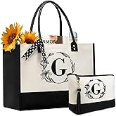 BeeGreen Personalized Birthday Gift for Women Initial Canvas Tote Bags for Mother Gift Embroidery Bags with Leather Handle G