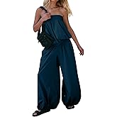 Lenader Women Summer 2 Piece Outfits Bubble Off Shoulder Strapless Tube Top Wide Leg Long Pants Lounge Set Matching Sets