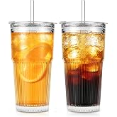 SoulTimes 20oz Wave Ribbed Glass Tumbler with Lid and Straw &ndash; Iced Coffee Glasses Cups for Smoothie, Matcha, Juice, Water etc. Leakproof and Reusable Glassware Drinking for Daily &amp; Travel To Go [2Pcs]