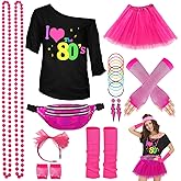 WILDPARTY 80s Costume Accessories for Women, T-Shirt Tutu Fanny Pack Headband Earring Necklace Fishnet Gloves Legwarmers