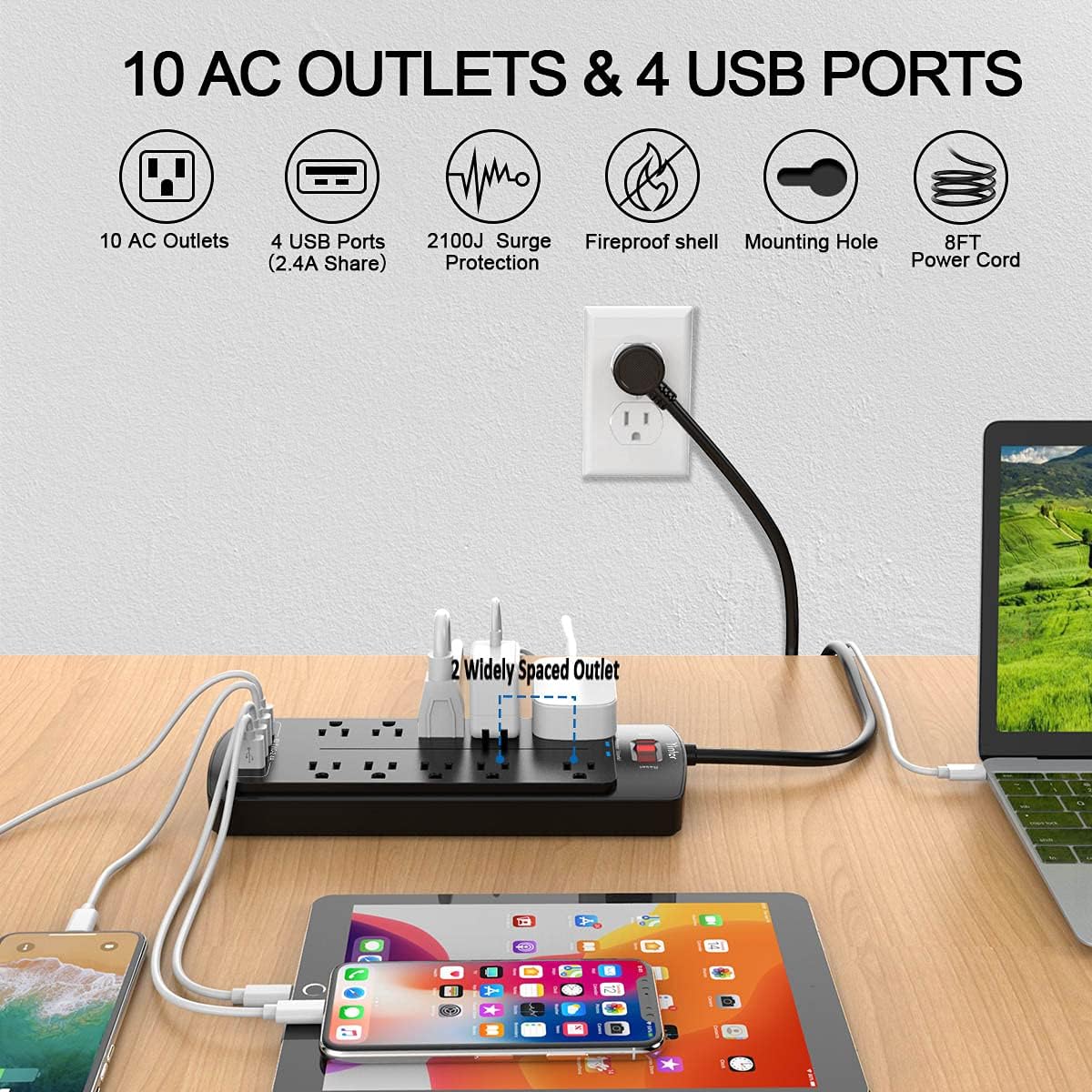 Power Strip with 8 Ft, YINTAR Surge Protector with 10 Outlets and 4 USB Ports, 8 Feet Flat Plug Extension Cord (1875W/15A) for for Home, Office, Dorm Essentials, 2100 Joules, ETL Listed, - Black: Electronics
