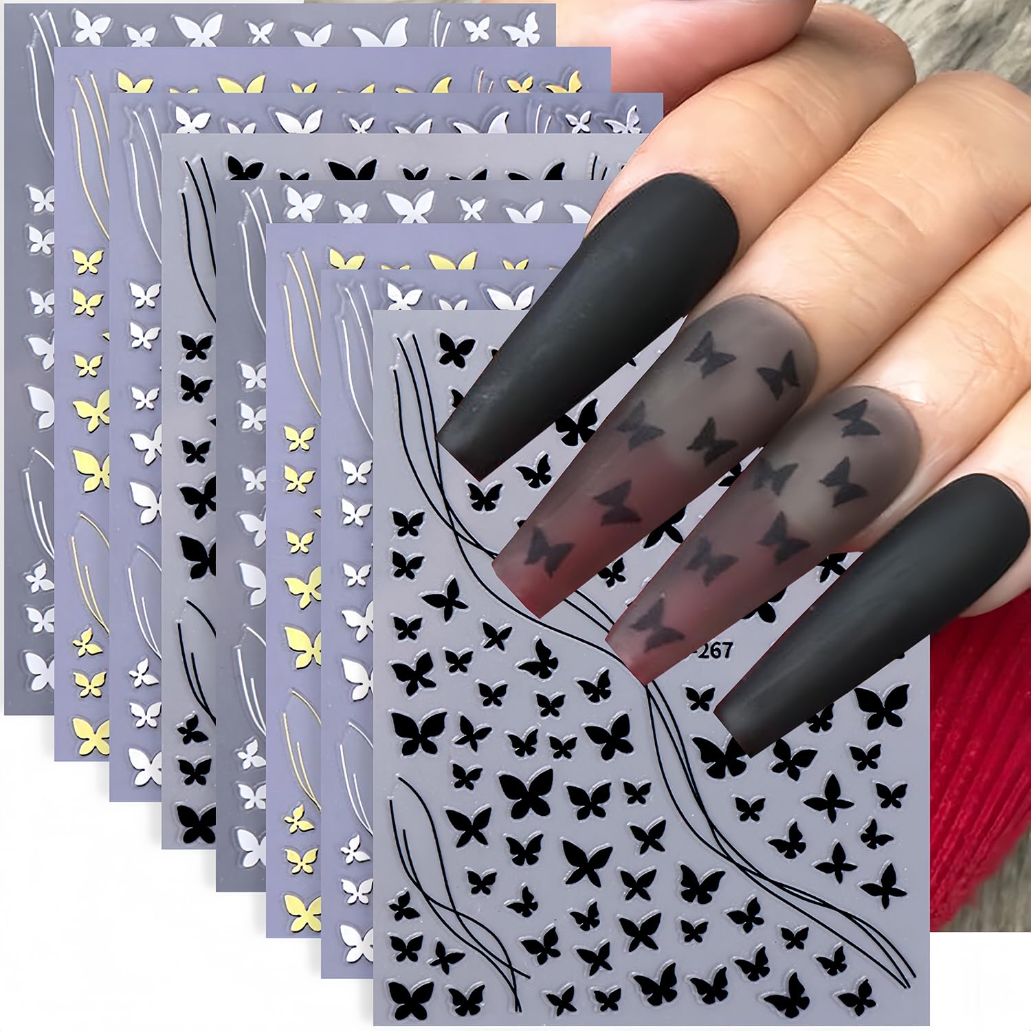 Photo 1 of 8Sheets Butterfly Nail Stickers for Nail Art 3D Self-Adhesive Butterfly Nail Decals Silver Gold Black White Butterfly Nail Art Designs Valentine's Day Stickers Holiday DIY Nails Decoration for Women