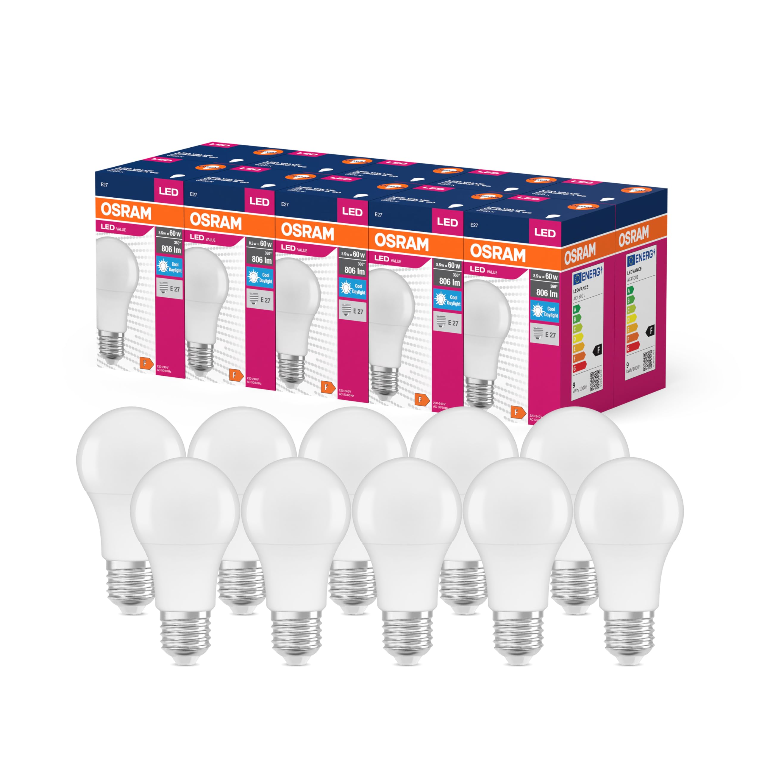 OSRAM Led Star Value Classic A60 Led Lamp for E27 Socket, Pear Shape, Fr, 806 Lumens, Daylight White (6500K), Replacement for Conventional 60W Light Bulbs, Not Dimmable, 10-Pack