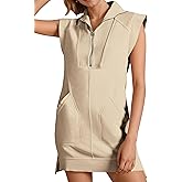 Fisoew Womens Summer Half Zip Sweatshirt Dresses V Neck Collared Sleeveless Workout Tunic Mini Dress
