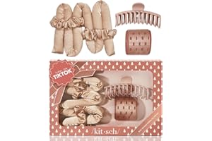 Kitsch Satin Heatless Hair Curler Styling 5pc Gift Set - Satin Heatless Hair Curler w/ 2 Scrunchies, Ceramic Thermal Roller & Claw Clip, Gifts for Women, Hair Roller Styling & Accessories- Champagne