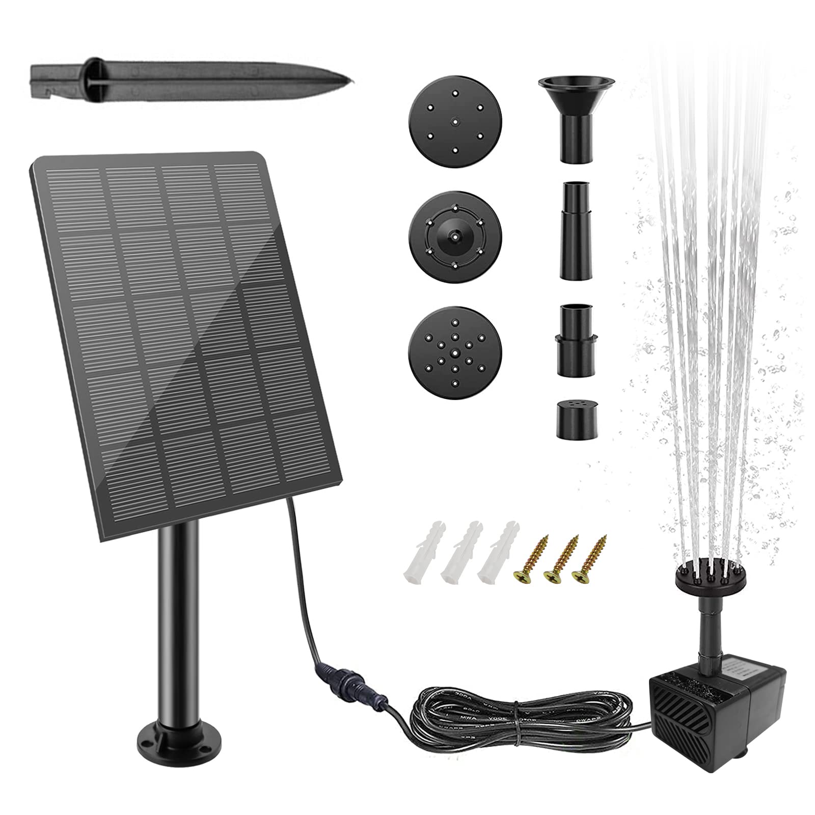 Solar Water Pump for Bird Bath, Small Solar Fountain Pump 2.5W, Solar Pond Pump with 3 M Cable & 4 Nozzles for Patio Garden Hummingbird Bath, Small Pond Fish Tank