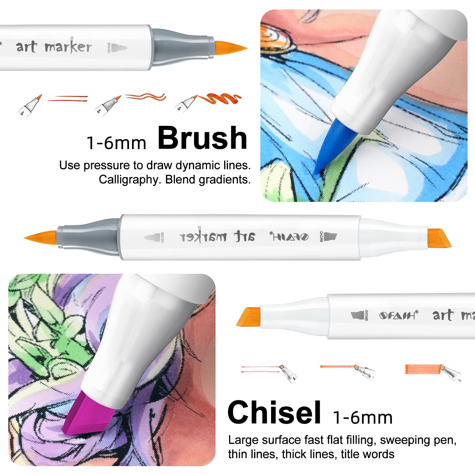 SFAIH Alcohol Markers Brush Tip & Chisel Tip - 49 Colors Double Tipped Art Markers for Adult Coloring Books Illustration, Gifts for Artist Adult - Refillable Alcohol-based Ink