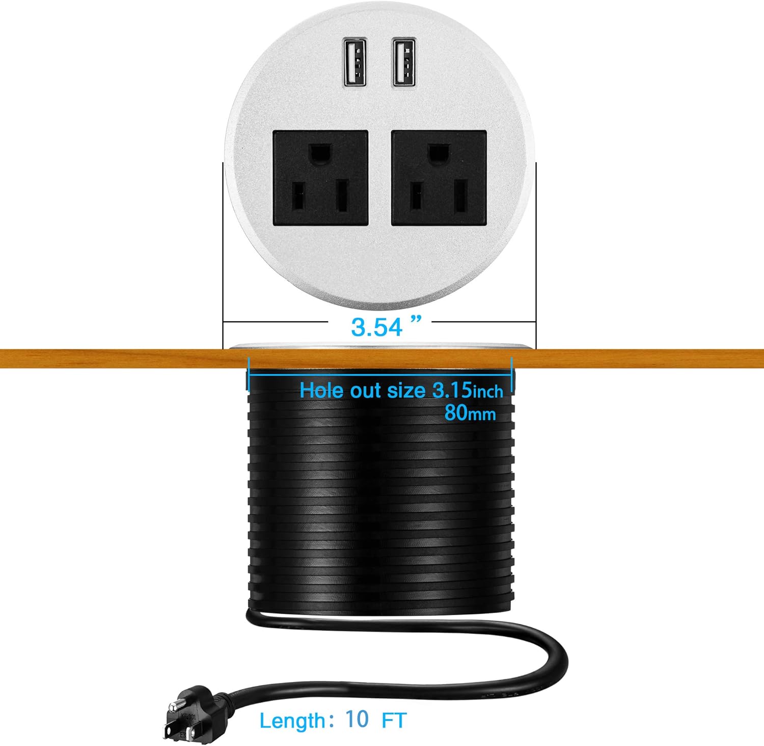 Desktop Power Grommet, PRUIZS 3.15inch Hole Table Power Grommet Outlet with 2 USB Charging Ports, 10ft Extension Cord Desk Power Strip with 2 Outlets for Computer, Table, Kitchen, Office, Home, Hotel - - 