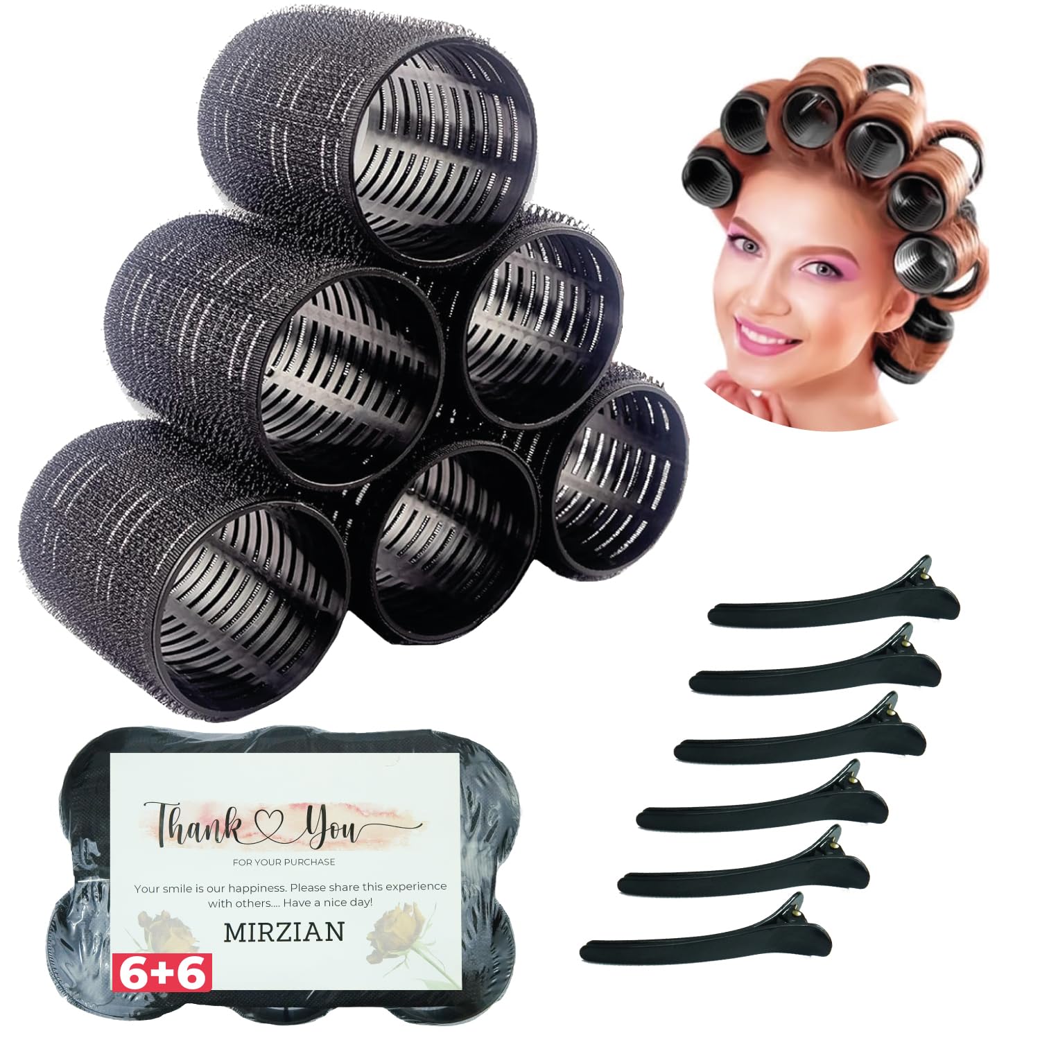 Mirzian Hair Rollers Set - Heatless Self Grip Hair Curlers, Duckbill Clips,Black Hair Curlers for Long Hair,No Heat Rollers. (12pcs - 5)