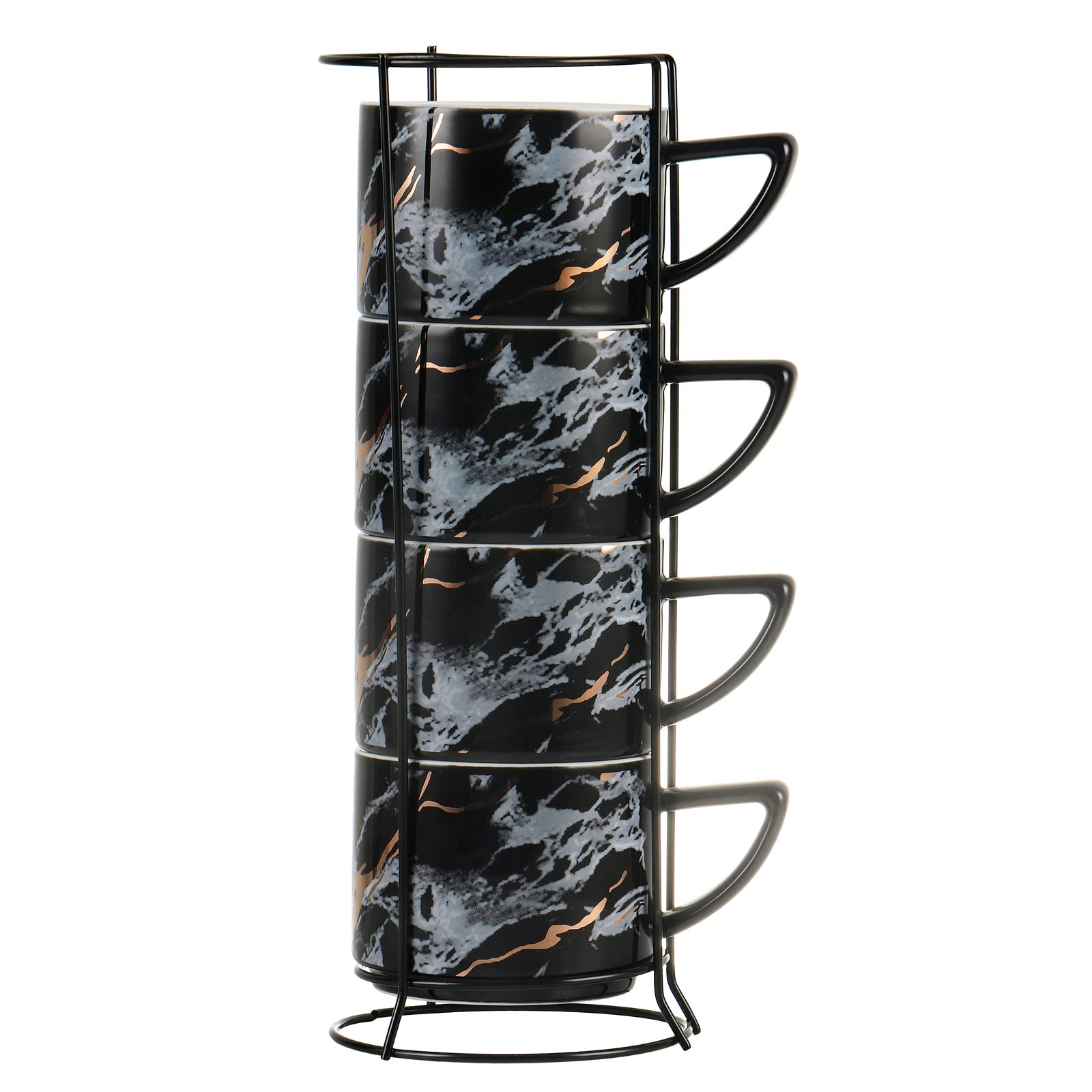 Winlauyet 200ml Set of 4 Porcelain Cappuccino Espresso Cups with Chrome Rack Holder Coffee Tea Cup (Black)