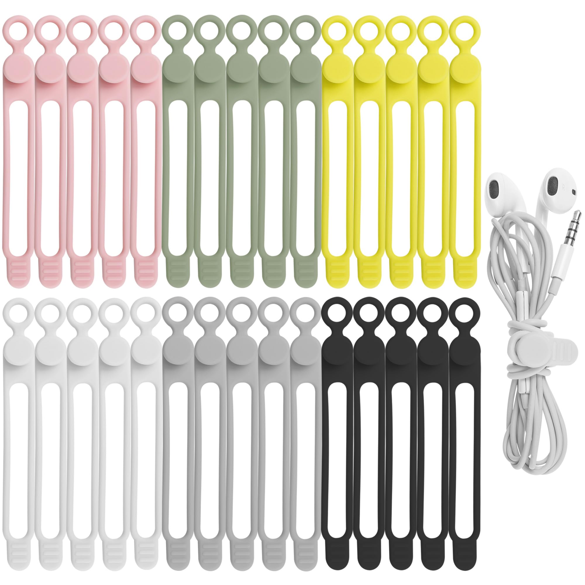 Photo 1 of 30Pcs Nearockle Silicone Cable Ties for Bundling Earphone, Phone Charger, Computer Cords, Reusable Cord Organizer Cable Management in Home,Office,Kitchen,School (6 Colors)