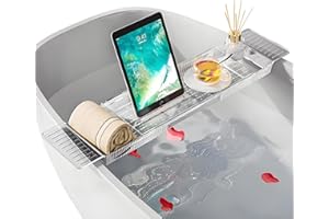 COBOPANDA Bathtub Caddy Tray Adjustable Spa Slip-Resistant Bath Organizer Clear Sturdy Acrylic Expandable Tray with Scratchproof Mat Fits Most Tubs for Storage & Stylish Relaxation (Clear)