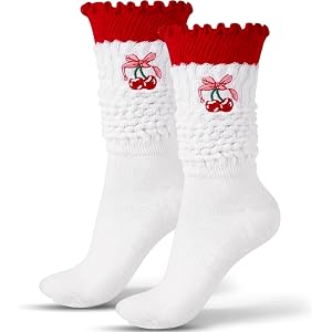 Hercicy Ruffle Socks for Women Cotton Knit Embroidery Pattern | Cute Slouchy Scrunch Crew Boot Socks, 5-10 Casual Athletic So