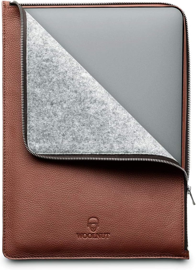 WOOLNUT Leather & Wool Folio Zipper Sleeve Case Cover, for Dell XPS 15 2020 (9500) and MacBook Pro 15 inch - Cognac Brown