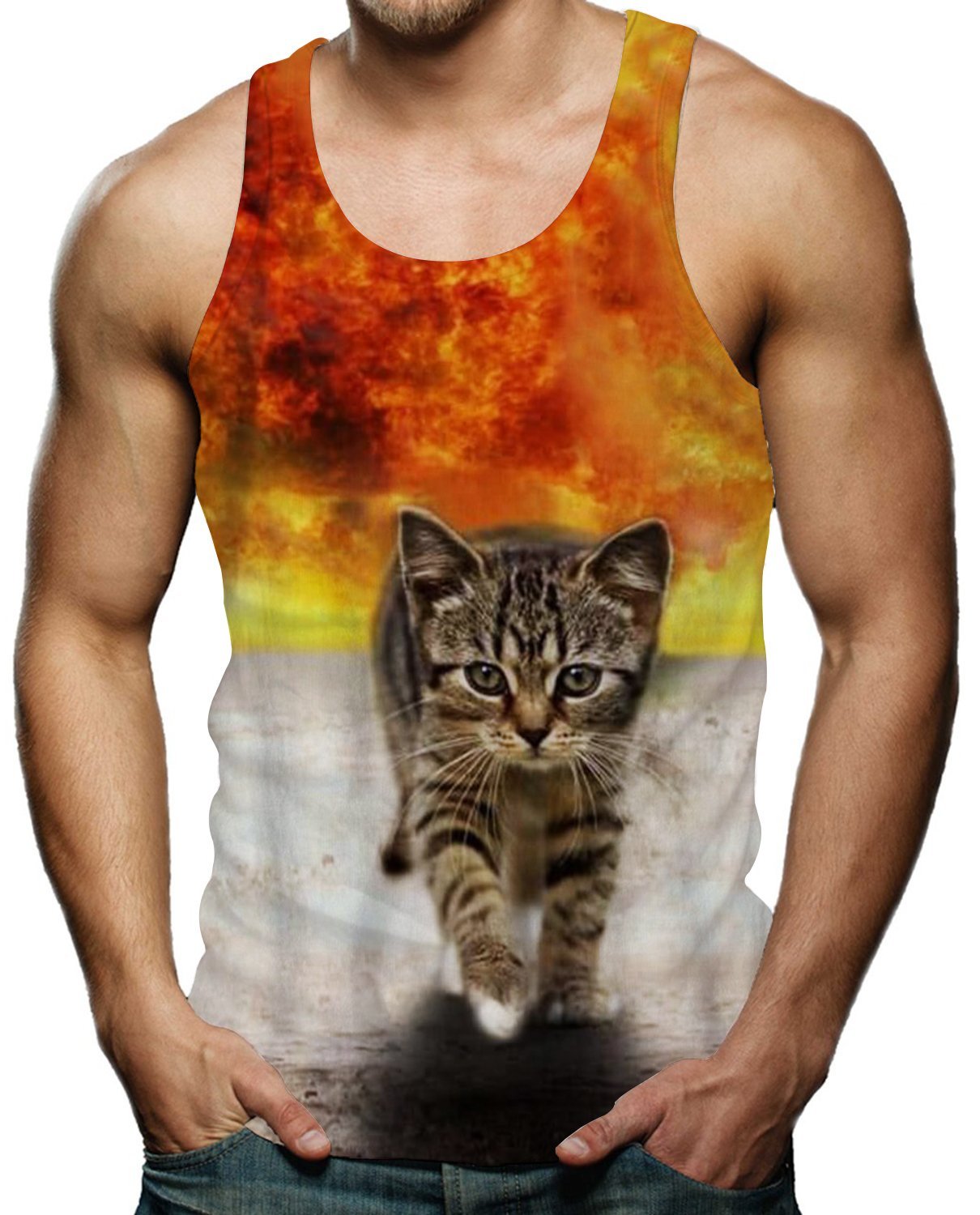 RAISEVERN 3D Gato Impresión Patrón Divertido Realista Gimnasio Camisetas para Hombres Grandes