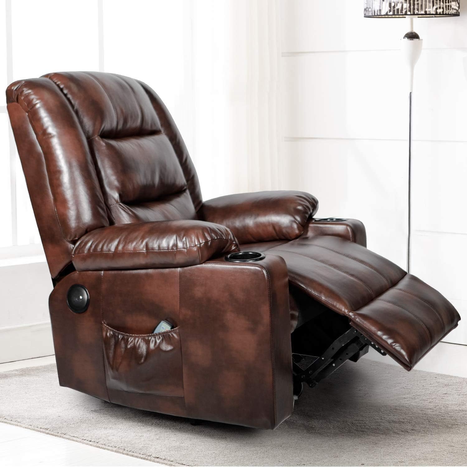 Brown Comhoma Massage Recliner Chair Pu Leather Home Theater Recliner Chair With Heat Rocker Recliner With Heated Massage Ergonomic Lounge Swivel Cup Holder Remote Control For Living Room Living Room Furniture Home Kitchen