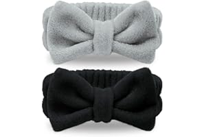 DENFANY Spa Headband - 2 Pack Bow Hairband for Face Wash SPA Headband with Bow Knotted Hairband for SPA Yoga Sports Soft Coral Women Girl Fleece Headbands (Black + Grey)