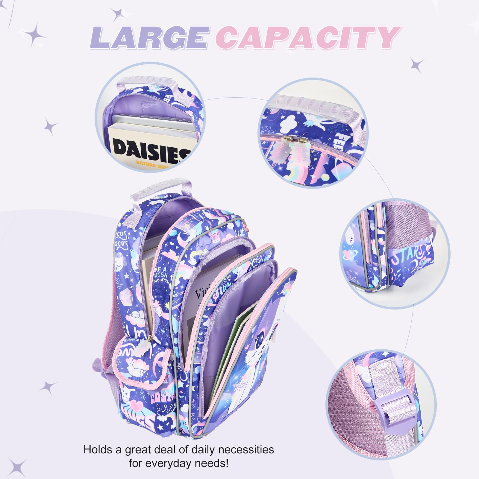 Girls Backpack Kids Backpacks for Girls Cute Cat Backpack Kawaii Backpack for Preschool Elementary Kindergarten,Light Purple Color,Large Capacity,16 Inch