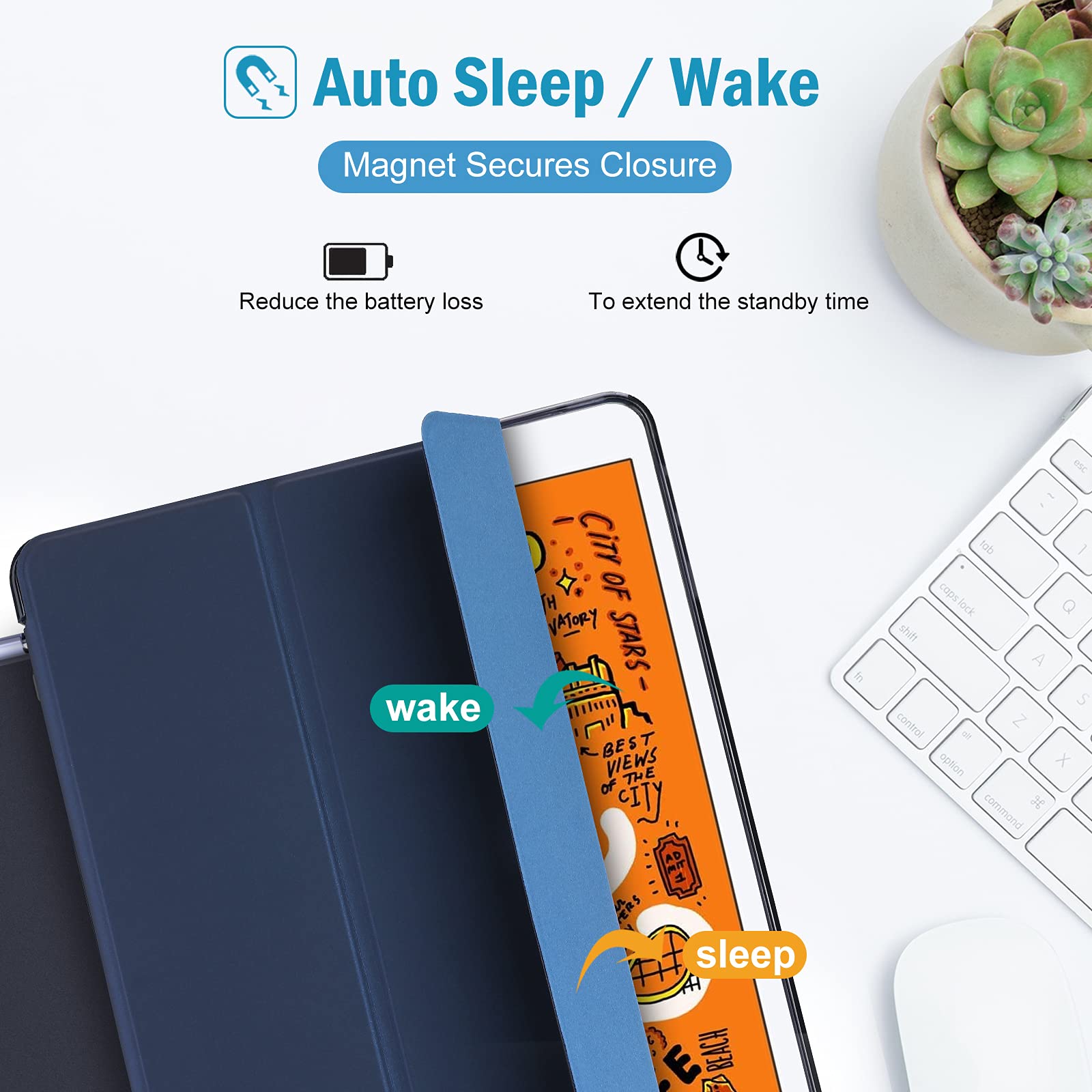 ProCase Slim Cover for iPad mini 5 Generation 2019/ Mini 4 3 2 1 (Old Model) 7.9 inch, Slim Soft TPU Back Cover Trifold Stand Folio Smart Case for iPad mini 5 4 3 2 1 -Navy