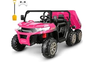 Hikole 2 Seater Ride on UTV for Kids, 24V 6x6 4WD Electric Kids Car Truck with Remote Control, 6 Wheeler, Dump Bed, Music-24 Volt Ride On Toys for Big Kids Boys Girls 4-8 w/6 Spring Suspension, Pink