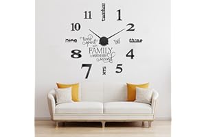 Junkin 3D Large Frameless DIY Wall Clock,Modern Decor Family Quote Wall Stickers Clock kit for Home Living Room Bedroom Office Wall Decorations Adjustable Size (Black)