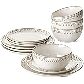 LE TAUCI Dinnerware Sets for 4, 12 Piece Ceramic Dish Set with Plates and Bowls | Oven/Dishwasher/Microwave Safe | Ideal for Housewarming | Reactive Beige (10" Plate+8" Dish+27oz Bowl)