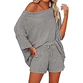 Mafulus Women's 2 Piece Outfits Sweater Sets Off Shoulder Knit Top Shorts Matching Suits Cute Pajama Lounge Set