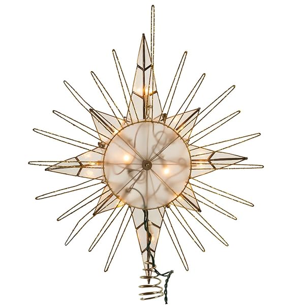 KURT ADLER 10 LIGHT GOLD GLITTER CAPIZ BETHLEHEM STAR TREETOP, 14″