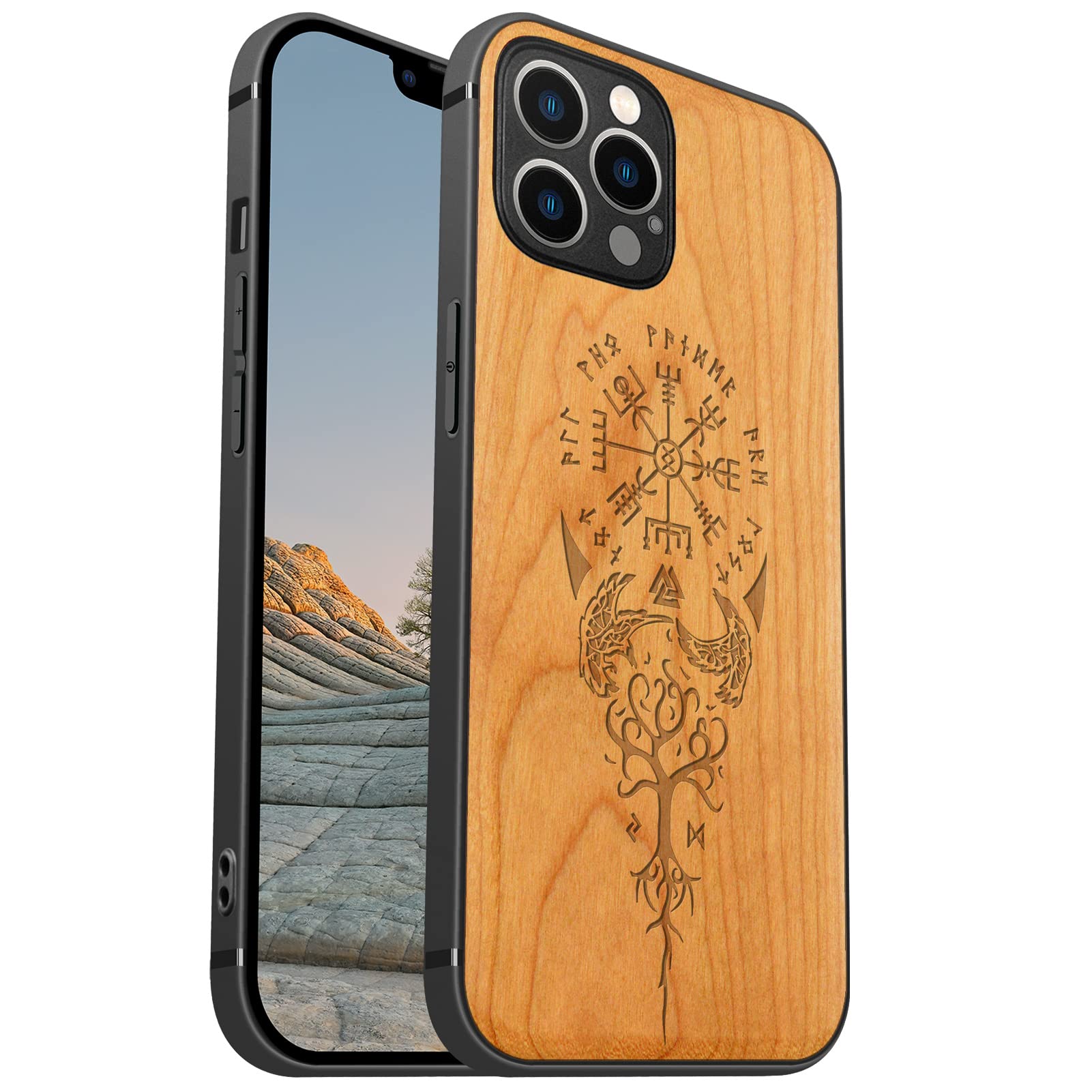 Carveit Magnetic Wood Case for iPhone 12 Pro Max [Hard Real Wood & Soft TPU] Shockproof Hybrid Protective Cover Unique & Classy Wooden Case Compatible with MagSafe (Viking Compass Vegvisir-Cherry)