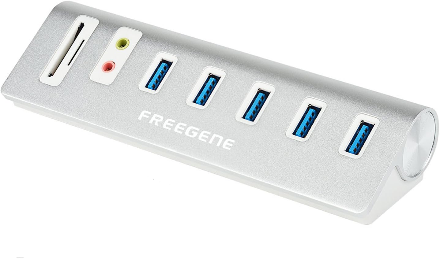 FREEGENE USB 3.0 Hub 5 Ports with SD/TF Card Reader and External Stereo Sound Adapter Combo and 5V/4A High-Capacity Power Supply for PC and Laptops