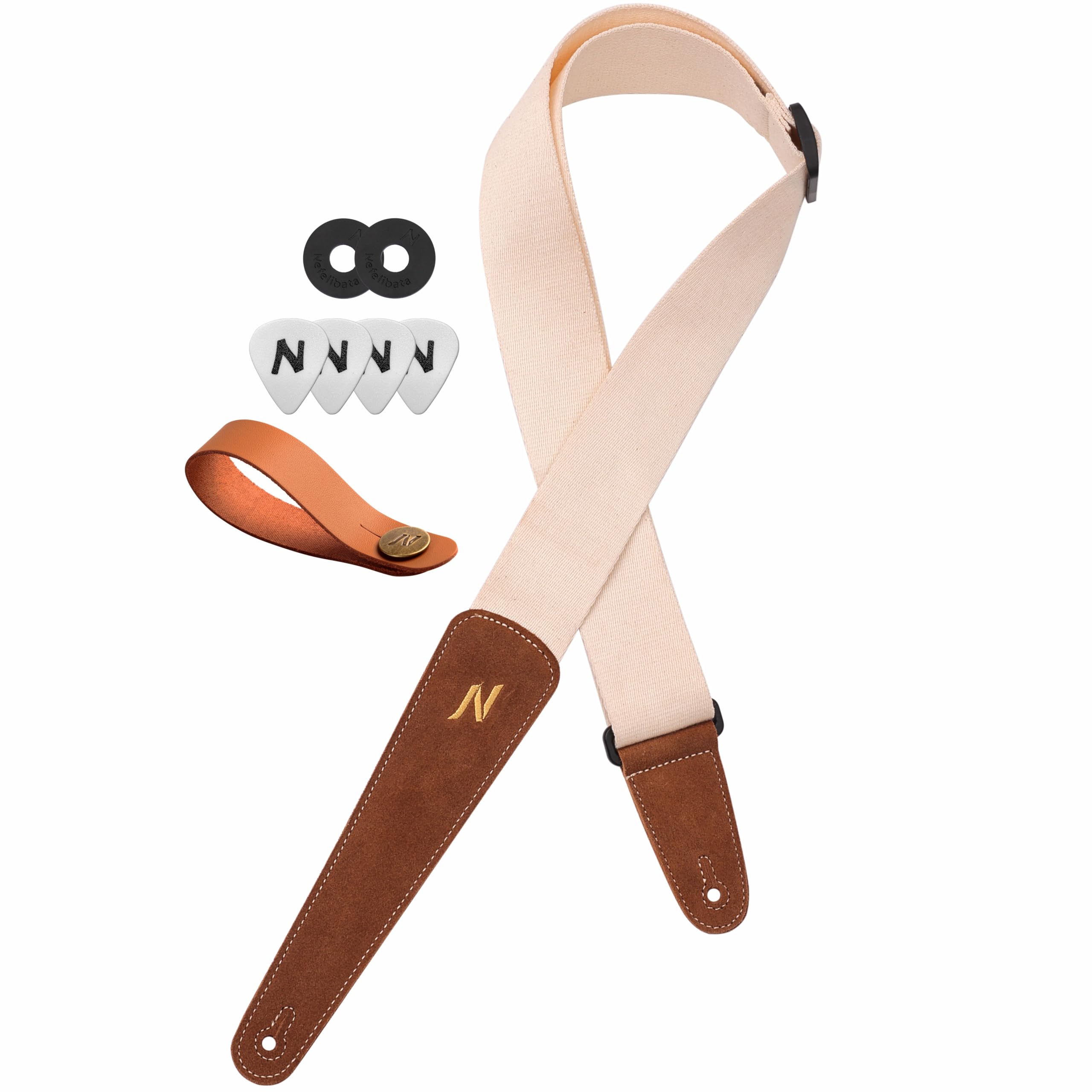 Nefelibata Guitar Strap with Pick Pocket, 100% Cotton Full Grain Leather End Guitar Strap for Acoustic Guitar, Electric Guitar, Bass, Gift for Guitarists and Kids