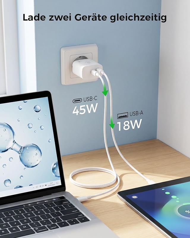 USB-C Ladegerät 65W, GaN Netzteil, 2 Ports PD+QC, mit USB-C Kabel — Foto 4 von 8