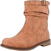 Shoe'N Tale Women's Mid Calf Boots Slouchy Round Toe Flat Low Heel Riding Boots With Side Zipper