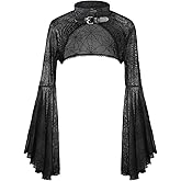 Women Halloween Mesh Crop Top Witch Vampire Gothic Punk Shrug Y2k Bell Sleeve Top for Carnival Cosplay Rave