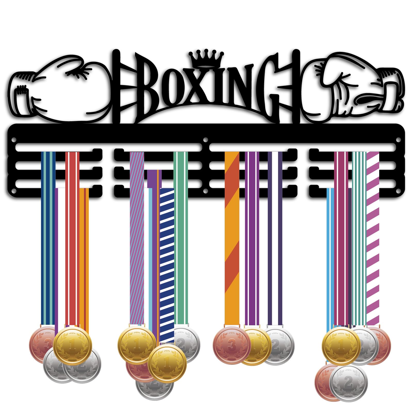 CREATCABIN Boxing Medal Holder Display Hanger Medal Wall Mount Frame Shelf Sports Medals Hanger Black Wall Decor Medal Organizer Rack for Hanging 60 Medals Ribbon Runner Football 15.7x6 Inch