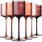 Melanin Colored Square Wine Glasses Set of 6, Elegant Ribbed Design Amber Crystal Glassware with Long Stem, 11.5oz Hand Blown Red & White Wine Stemware For Home Bar Deco,Party,Wine Dinner- Multicolour