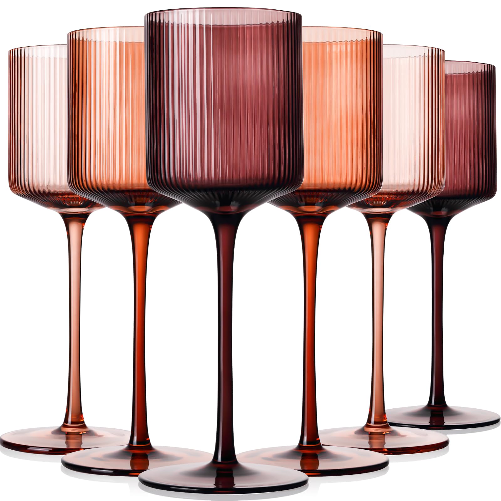 Photo 1 of Melanin Colored Square Wine Glasses Set of 6, Elegant Ribbed Design Amber Crystal Glassware with Long Stem, 11.5oz Hand Blown Red & White Wine Stemware For Home Bar Deco,Party,Wine Dinner- Multicolour