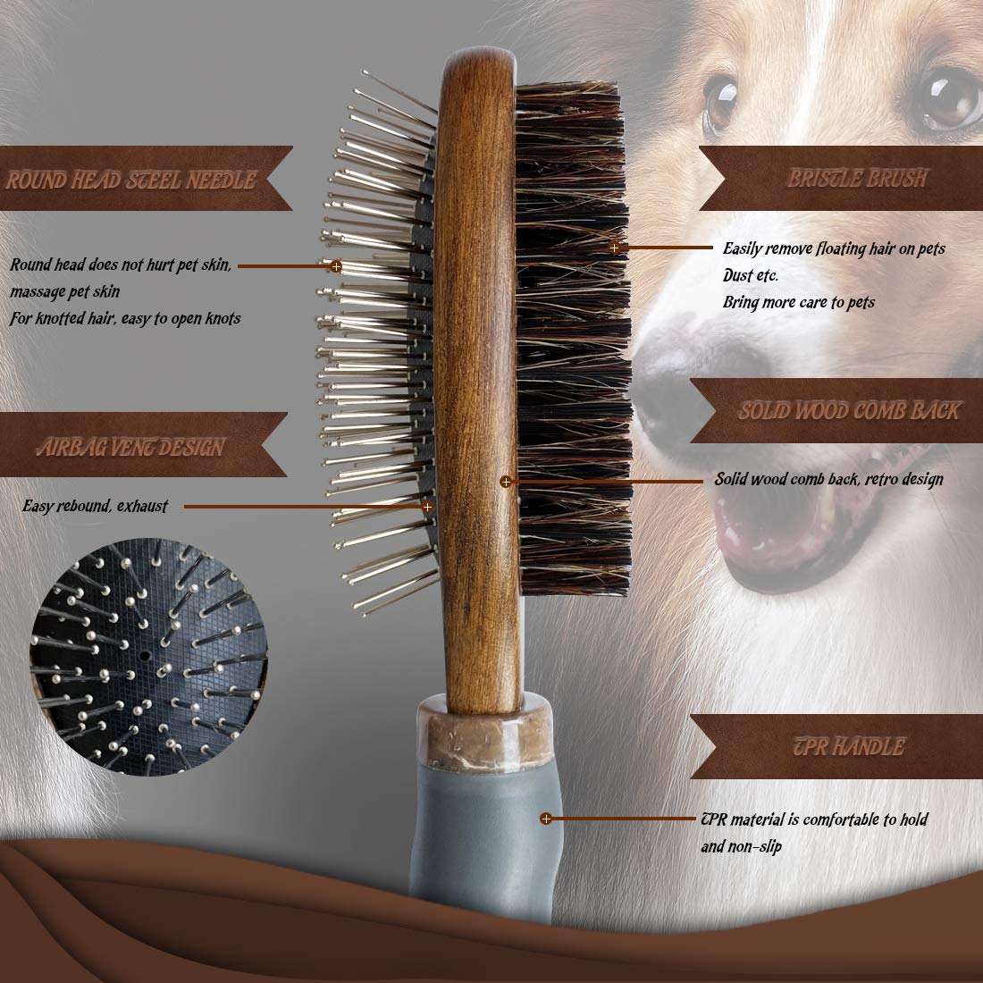 HOP Home of Paws Dog Brush for Grooming, Double Sided Brush Removing Shedding Hair, Dog Brush for Short Medium or Long Hair, Cat Brush Grooming Comb for Detangling and Dirt Cleaning, Lotus Wood: Beauty