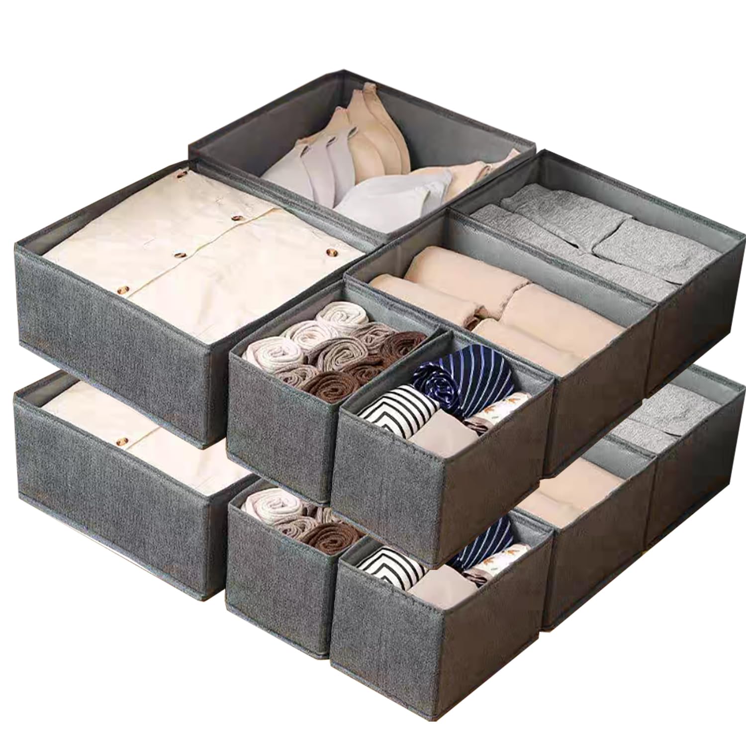 Kongming Drawer Organiser, 12 Pcs Clothes Storage Boxes, Folding Drawer Dividers, Washable Draw Organisers for Bedroom Fabric Underwear Organiser Storage Shirt, Socks, Bras, Underwear, Grey