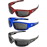 Global Vision Sly Motorcycle ATV Padded Riding Sunglasses 3 Pair Smoke Lenses and Red, Blue & Grey Metallic Frames