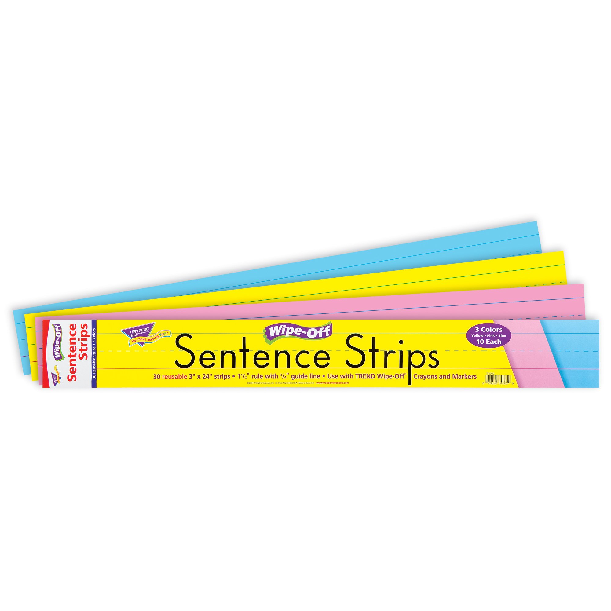 Pacon Sentence Strips, 30 Reusable Wipe-Off Strips, 3" x 24", 3 Assorted Colours, Learn Maths, Spelling & Grammar, Ideal for Schools and Home Schooling