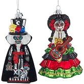 Kurt Adler Day of The Dead Couple - 5.25 Inch Multicolor Glass Christmas Tree Ornament; Set of 2