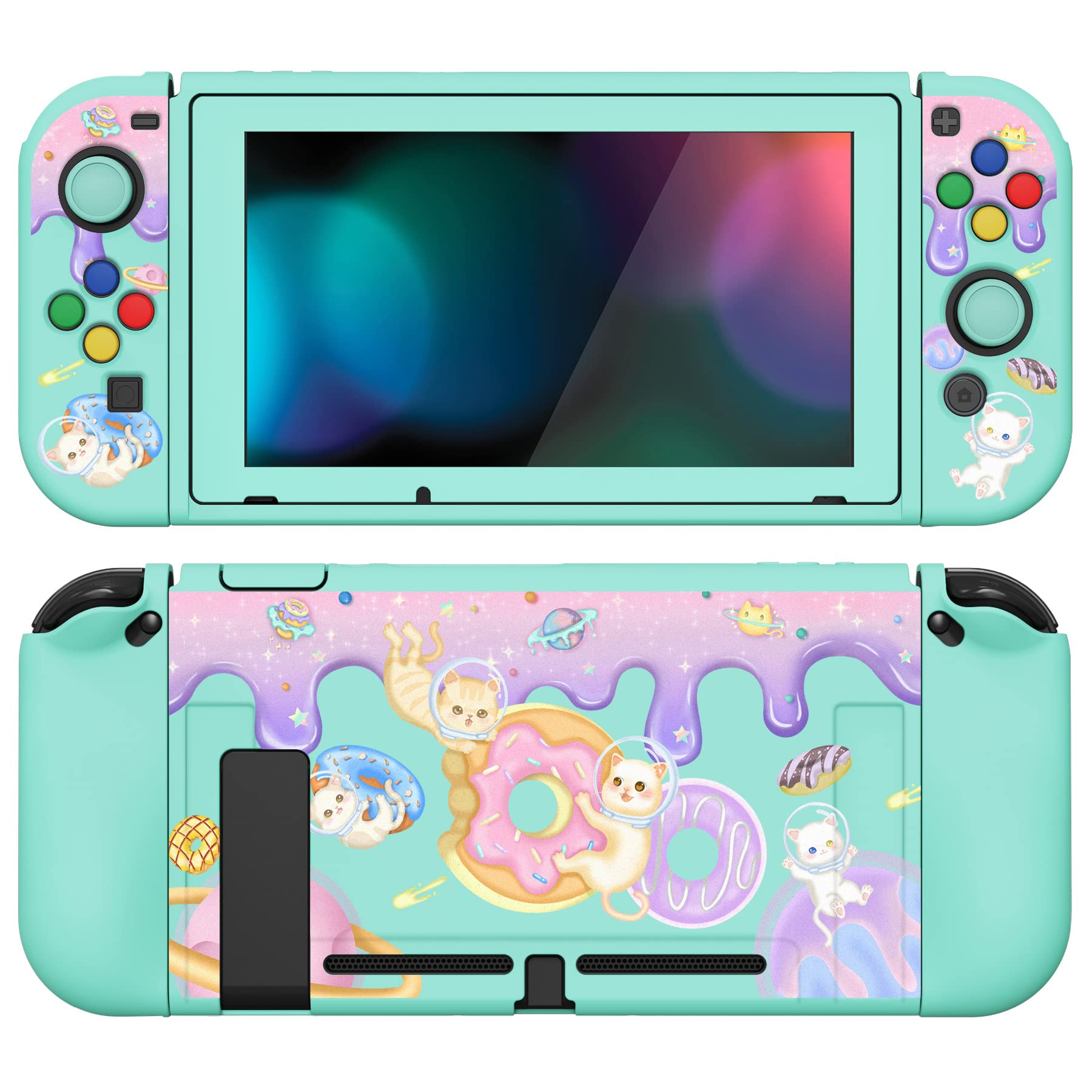 PlayVital ZealProtect Soft Protective Case for Nintendo Switch, Flexible Cover Protector for Switch with Tempered Glass Screen Protector & Thumb Grip Caps & ABXY Direction Button Caps - Donut Odyssey
